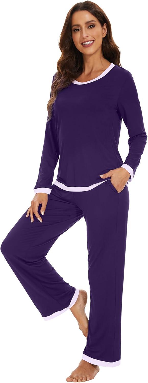 imageWiWi Womens Viscose from Bamboo Pajama Sets Soft Long Sleeves Top with Pants Loose 2 Pieces Loungewear Set SXXLAdark Purple