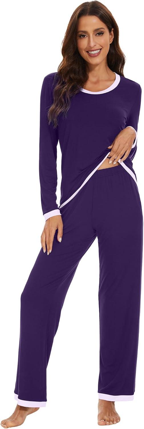 imageWiWi Womens Viscose from Bamboo Pajama Sets Soft Long Sleeves Top with Pants Loose 2 Pieces Loungewear Set SXXLAdark Purple