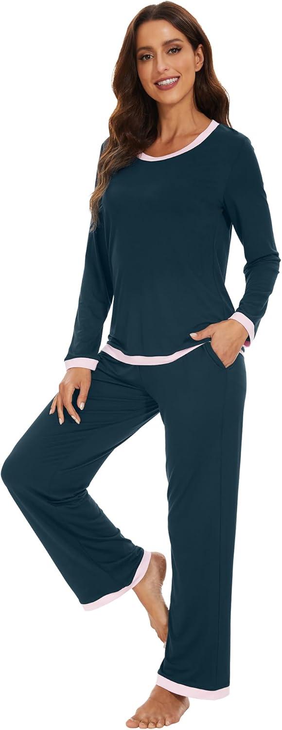 imageWiWi Womens Viscose from Bamboo Pajama Sets Soft Long Sleeves Top with Pants Loose 2 Pieces Loungewear Set SXXLAdeep Teal
