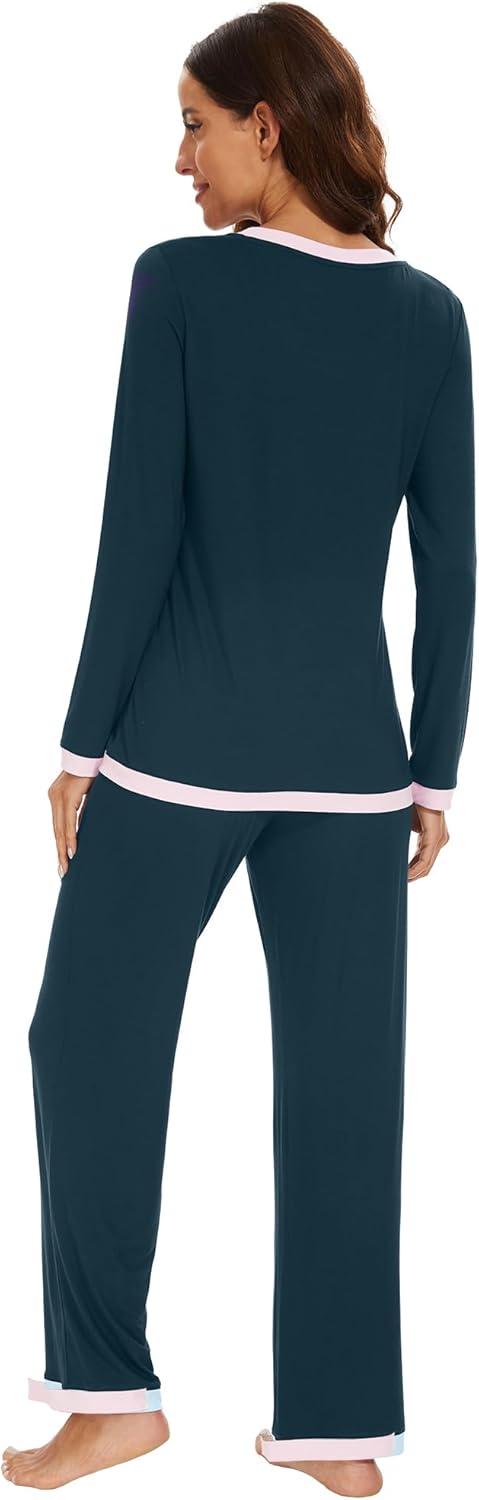 imageWiWi Womens Viscose from Bamboo Pajama Sets Soft Long Sleeves Top with Pants Loose 2 Pieces Loungewear Set SXXLAdeep Teal