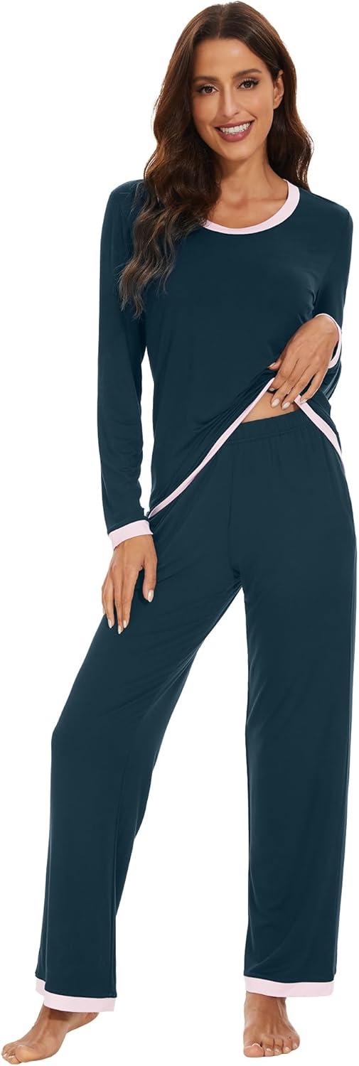 imageWiWi Womens Viscose from Bamboo Pajama Sets Soft Long Sleeves Top with Pants Loose 2 Pieces Loungewear Set SXXLAdeep Teal