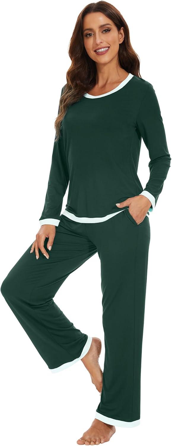 imageWiWi Womens Viscose from Bamboo Pajama Sets Soft Long Sleeves Top with Pants Loose 2 Pieces Loungewear Set SXXLAfence Green