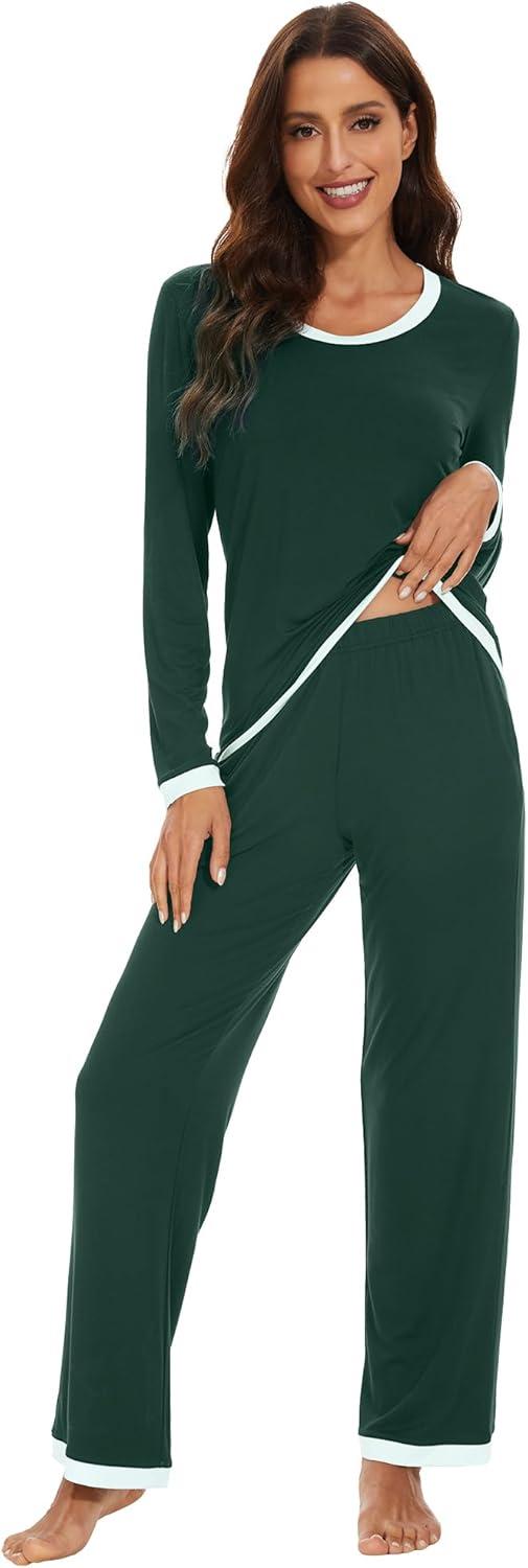imageWiWi Womens Viscose from Bamboo Pajama Sets Soft Long Sleeves Top with Pants Loose 2 Pieces Loungewear Set SXXLAfence Green