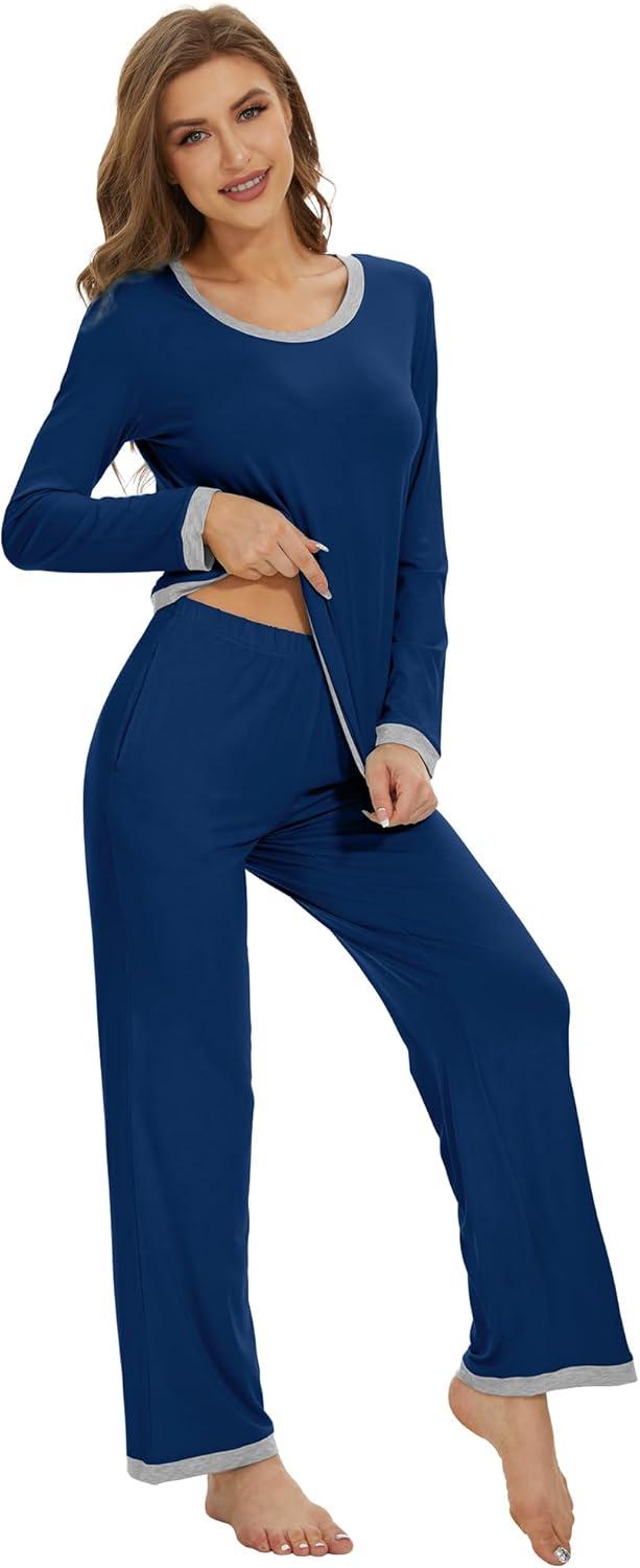 imageWiWi Womens Viscose from Bamboo Pajama Sets Soft Long Sleeves Top with Pants Loose 2 Pieces Loungewear Set SXXLAink Blue