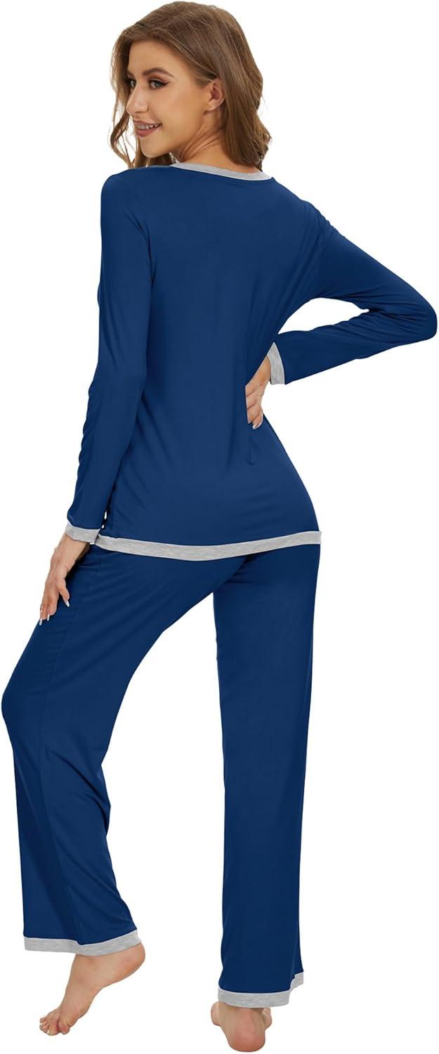 imageWiWi Womens Viscose from Bamboo Pajama Sets Soft Long Sleeves Top with Pants Loose 2 Pieces Loungewear Set SXXLAink Blue