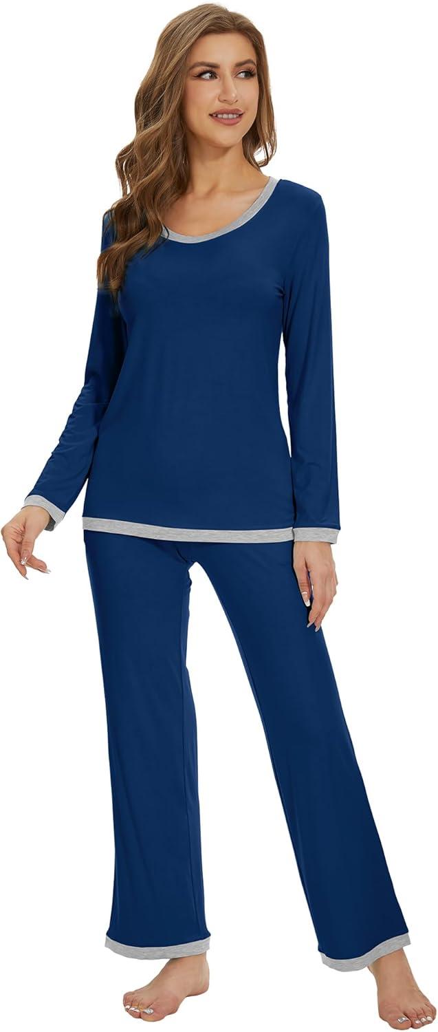imageWiWi Womens Viscose from Bamboo Pajama Sets Soft Long Sleeves Top with Pants Loose 2 Pieces Loungewear Set SXXLAink Blue