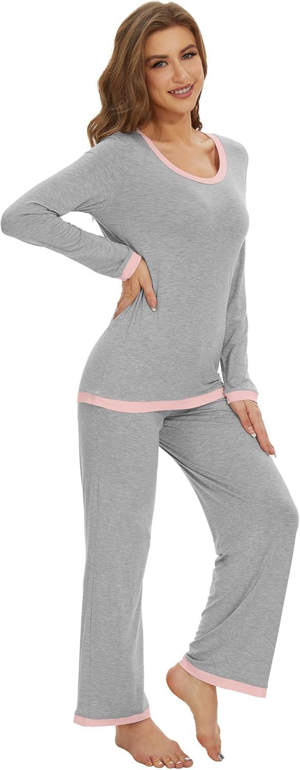 imageWiWi Womens Viscose from Bamboo Pajama Sets Soft Long Sleeves Top with Pants Loose 2 Pieces Loungewear Set SXXLAlight Heather Grey