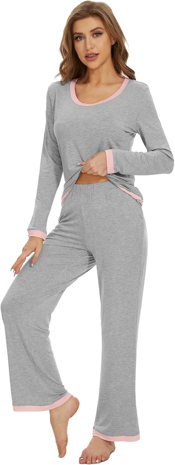 imageWiWi Womens Viscose from Bamboo Pajama Sets Soft Long Sleeves Top with Pants Loose 2 Pieces Loungewear Set SXXLAlight Heather Grey