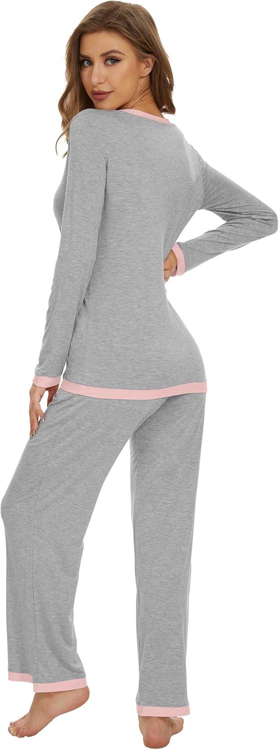 imageWiWi Womens Viscose from Bamboo Pajama Sets Soft Long Sleeves Top with Pants Loose 2 Pieces Loungewear Set SXXLAlight Heather Grey