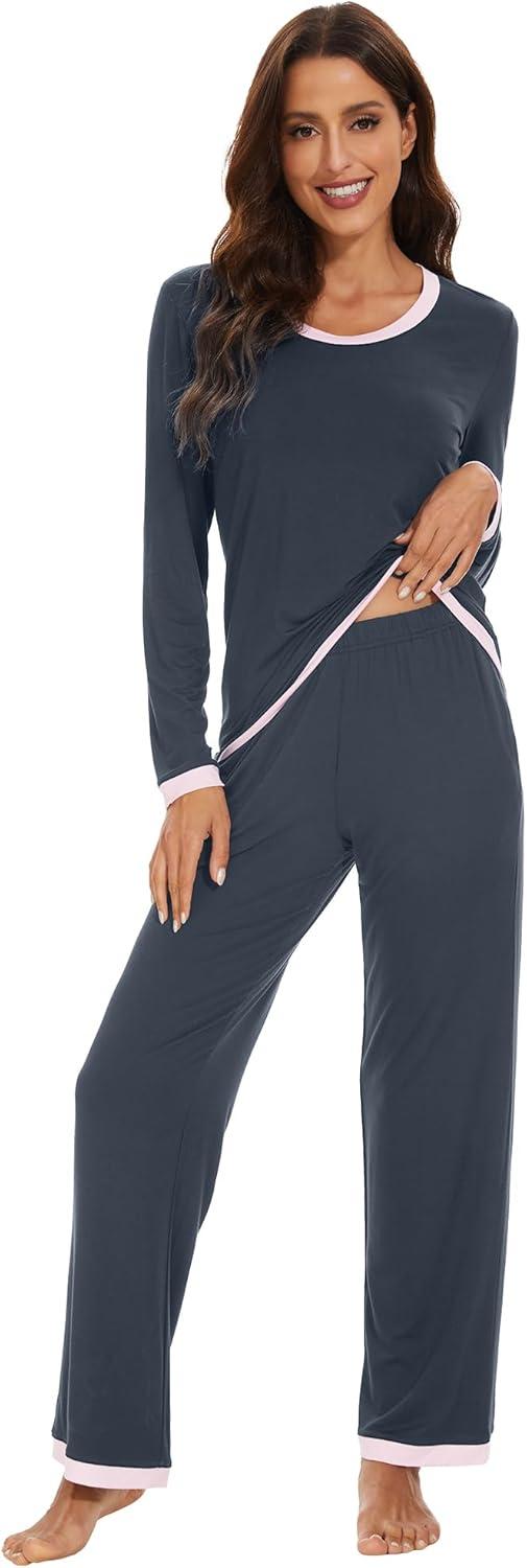 imageWiWi Womens Viscose from Bamboo Pajama Sets Soft Long Sleeves Top with Pants Loose 2 Pieces Loungewear Set SXXLAmidnight Blue