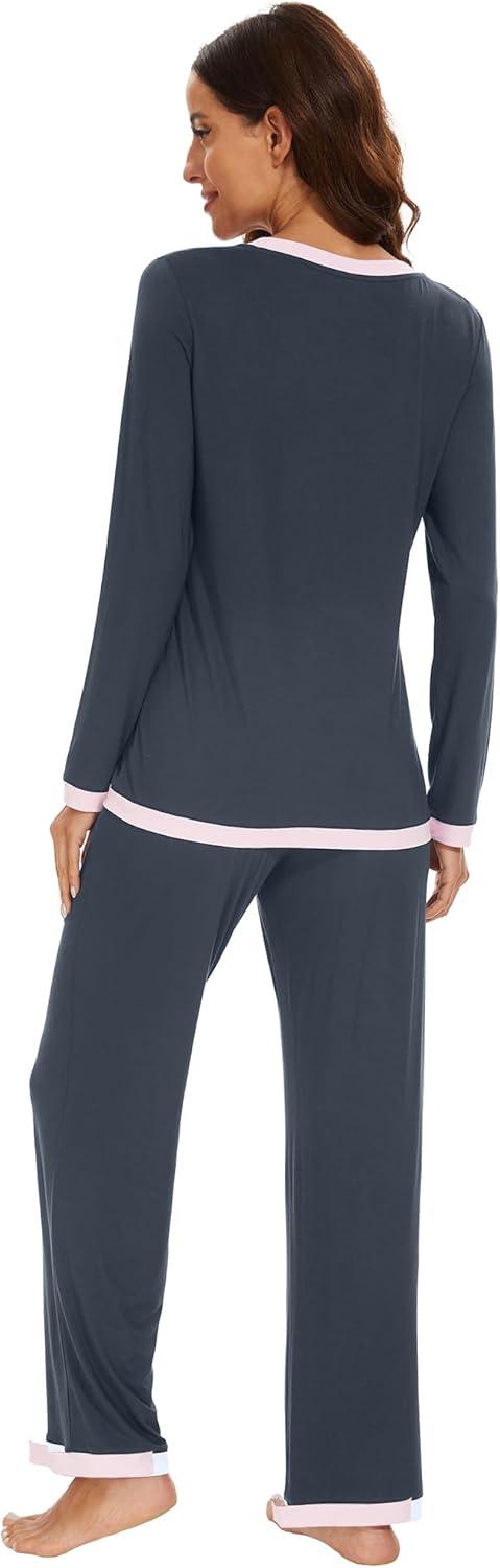 imageWiWi Womens Viscose from Bamboo Pajama Sets Soft Long Sleeves Top with Pants Loose 2 Pieces Loungewear Set SXXLAmidnight Blue