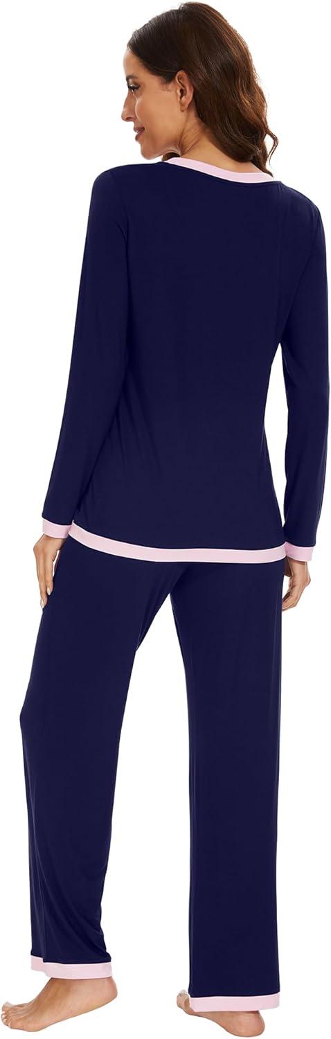 imageWiWi Womens Viscose from Bamboo Pajama Sets Soft Long Sleeves Top with Pants Loose 2 Pieces Loungewear Set SXXLAnavy