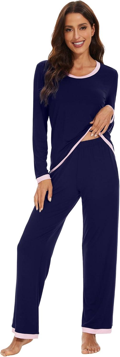 imageWiWi Womens Viscose from Bamboo Pajama Sets Soft Long Sleeves Top with Pants Loose 2 Pieces Loungewear Set SXXLAnavy