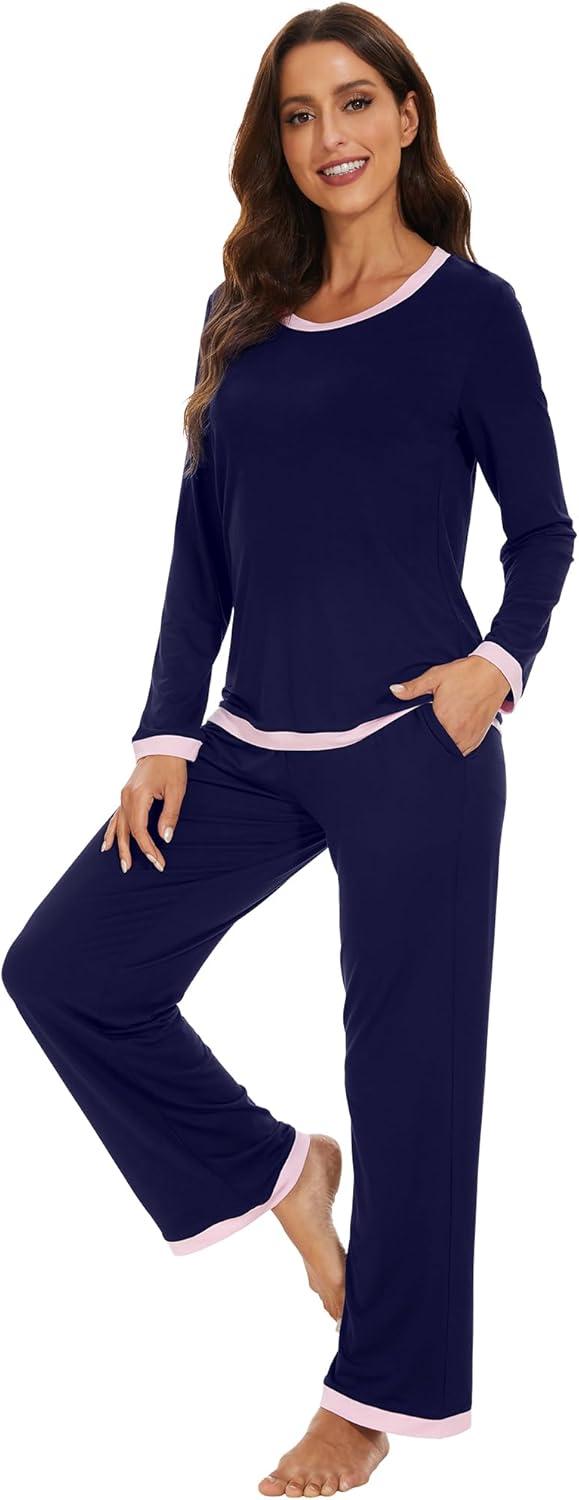 imageWiWi Womens Viscose from Bamboo Pajama Sets Soft Long Sleeves Top with Pants Loose 2 Pieces Loungewear Set SXXLAnavy