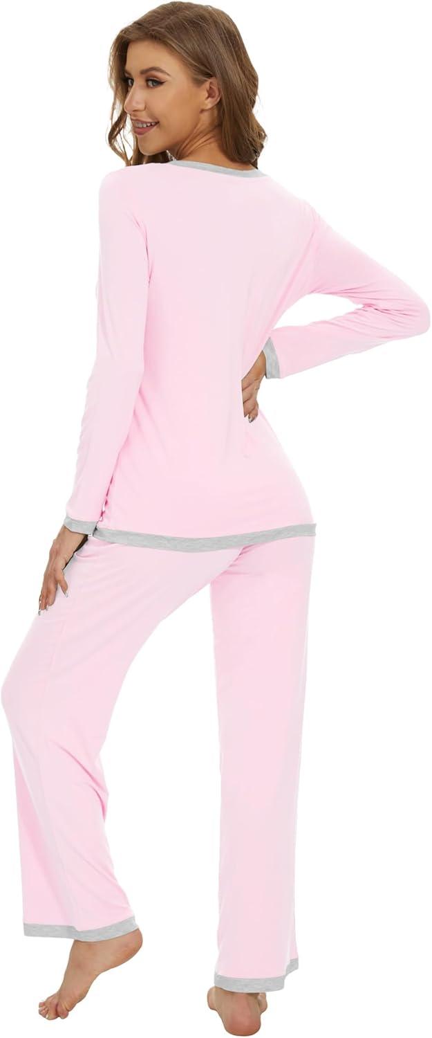 imageWiWi Womens Viscose from Bamboo Pajama Sets Soft Long Sleeves Top with Pants Loose 2 Pieces Loungewear Set SXXLApink