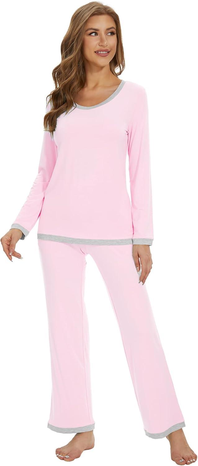 imageWiWi Womens Viscose from Bamboo Pajama Sets Soft Long Sleeves Top with Pants Loose 2 Pieces Loungewear Set SXXLApink