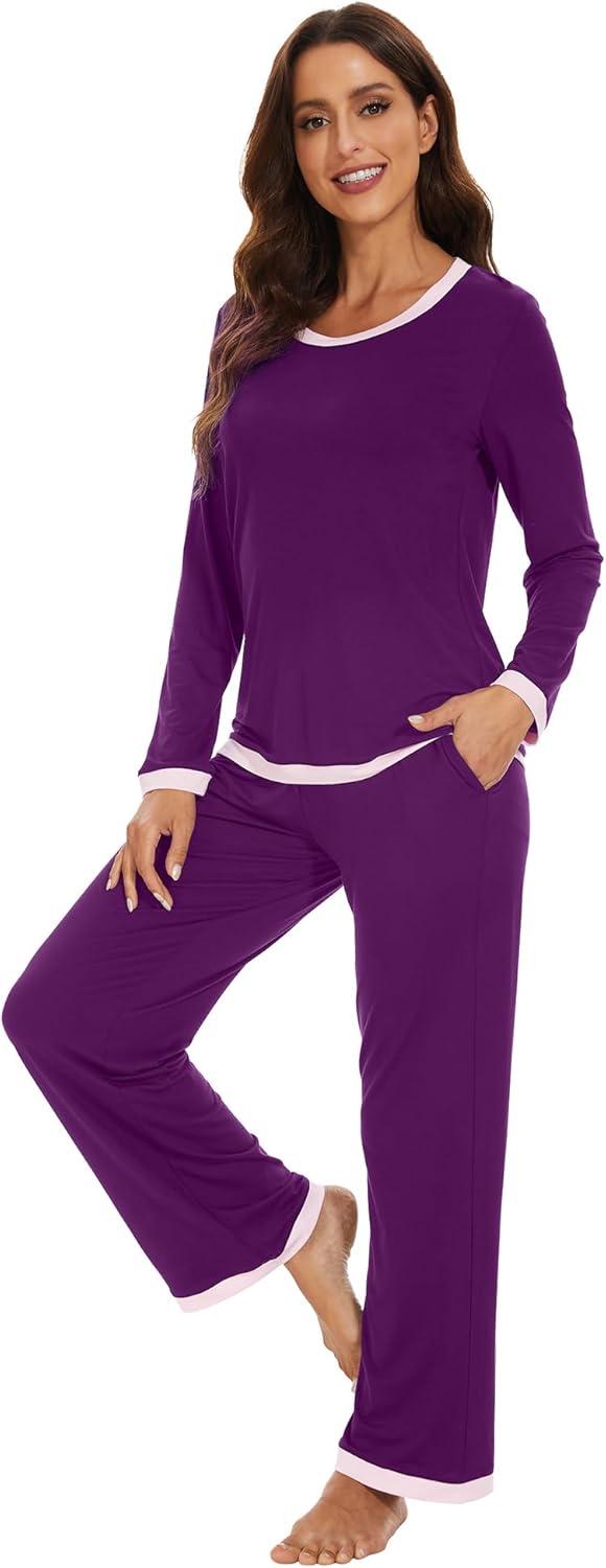 imageWiWi Womens Viscose from Bamboo Pajama Sets Soft Long Sleeves Top with Pants Loose 2 Pieces Loungewear Set SXXLApurplish Red