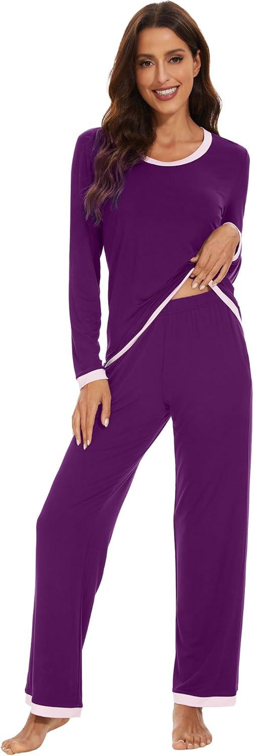 imageWiWi Womens Viscose from Bamboo Pajama Sets Soft Long Sleeves Top with Pants Loose 2 Pieces Loungewear Set SXXLApurplish Red