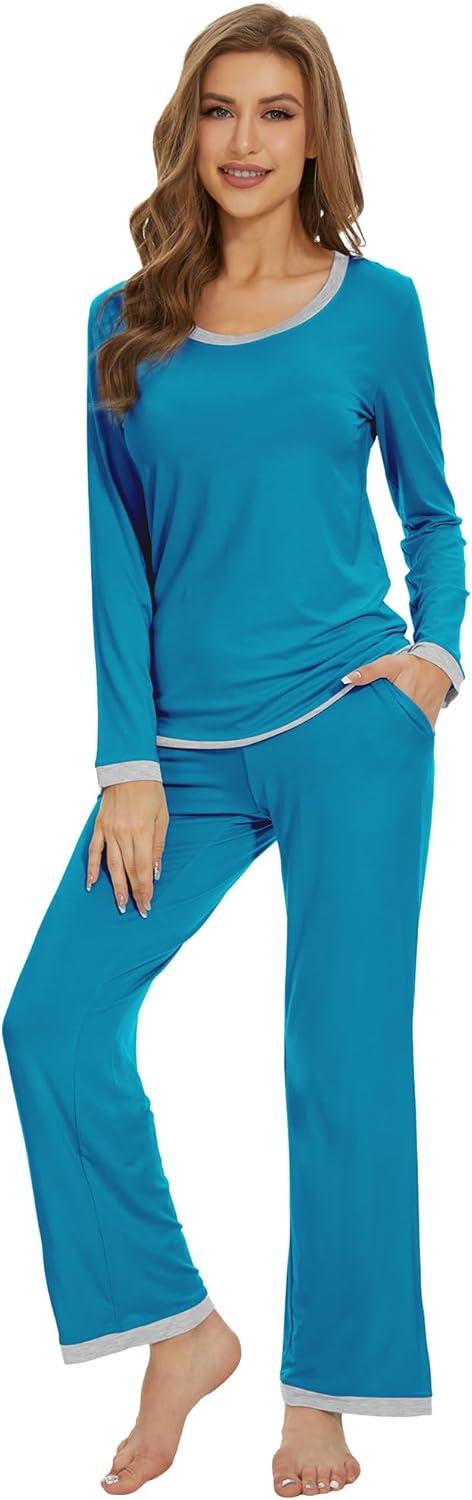 imageWiWi Womens Viscose from Bamboo Pajama Sets Soft Long Sleeves Top with Pants Loose 2 Pieces Loungewear Set SXXLAteal Blue