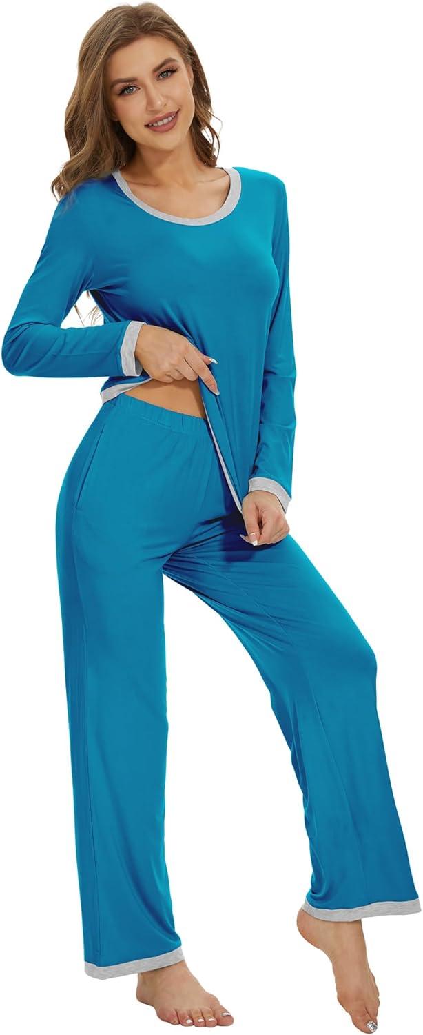 imageWiWi Womens Viscose from Bamboo Pajama Sets Soft Long Sleeves Top with Pants Loose 2 Pieces Loungewear Set SXXLAteal Blue