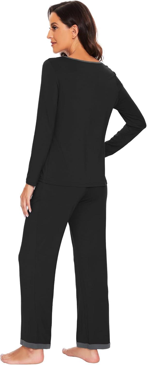 imageWiWi Womens Viscose from Bamboo Pajama Sets Soft Long Sleeves Top with Pants Loose 2 Pieces Loungewear Set SXXLBblack