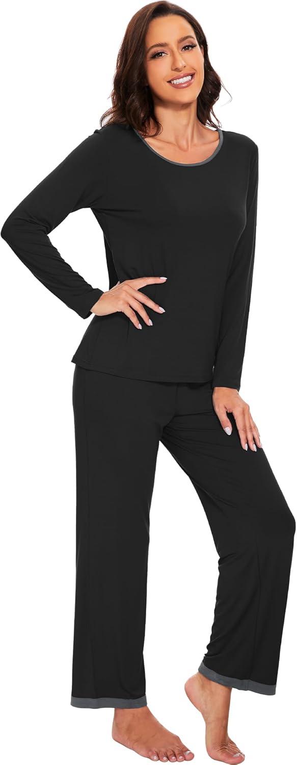 imageWiWi Womens Viscose from Bamboo Pajama Sets Soft Long Sleeves Top with Pants Loose 2 Pieces Loungewear Set SXXLBblack