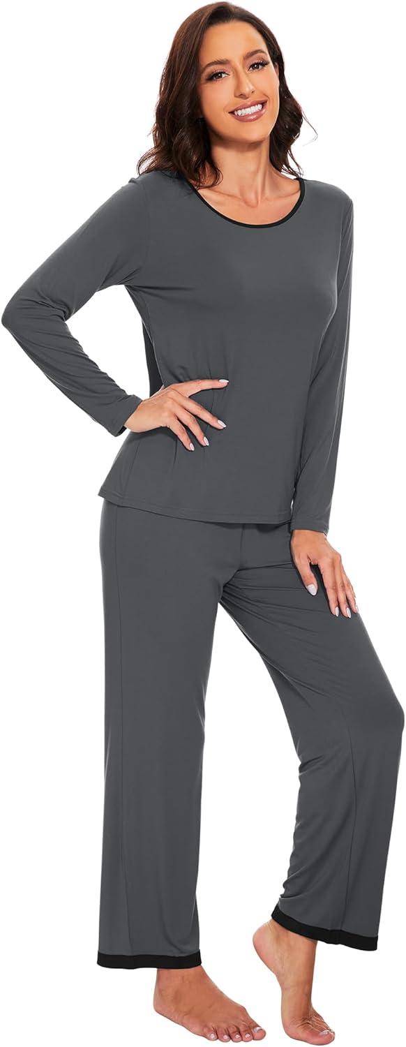 imageWiWi Womens Viscose from Bamboo Pajama Sets Soft Long Sleeves Top with Pants Loose 2 Pieces Loungewear Set SXXLBcharcoal