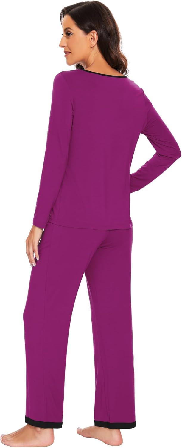 imageWiWi Womens Viscose from Bamboo Pajama Sets Soft Long Sleeves Top with Pants Loose 2 Pieces Loungewear Set SXXLBdark Reddish Purple