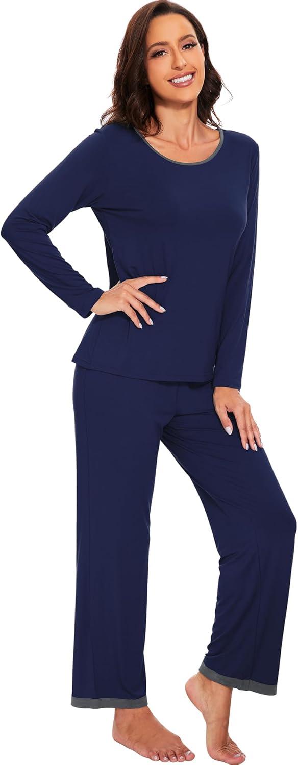 imageWiWi Womens Viscose from Bamboo Pajama Sets Soft Long Sleeves Top with Pants Loose 2 Pieces Loungewear Set SXXLBnavy