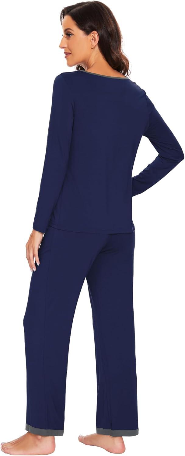 imageWiWi Womens Viscose from Bamboo Pajama Sets Soft Long Sleeves Top with Pants Loose 2 Pieces Loungewear Set SXXLBnavy