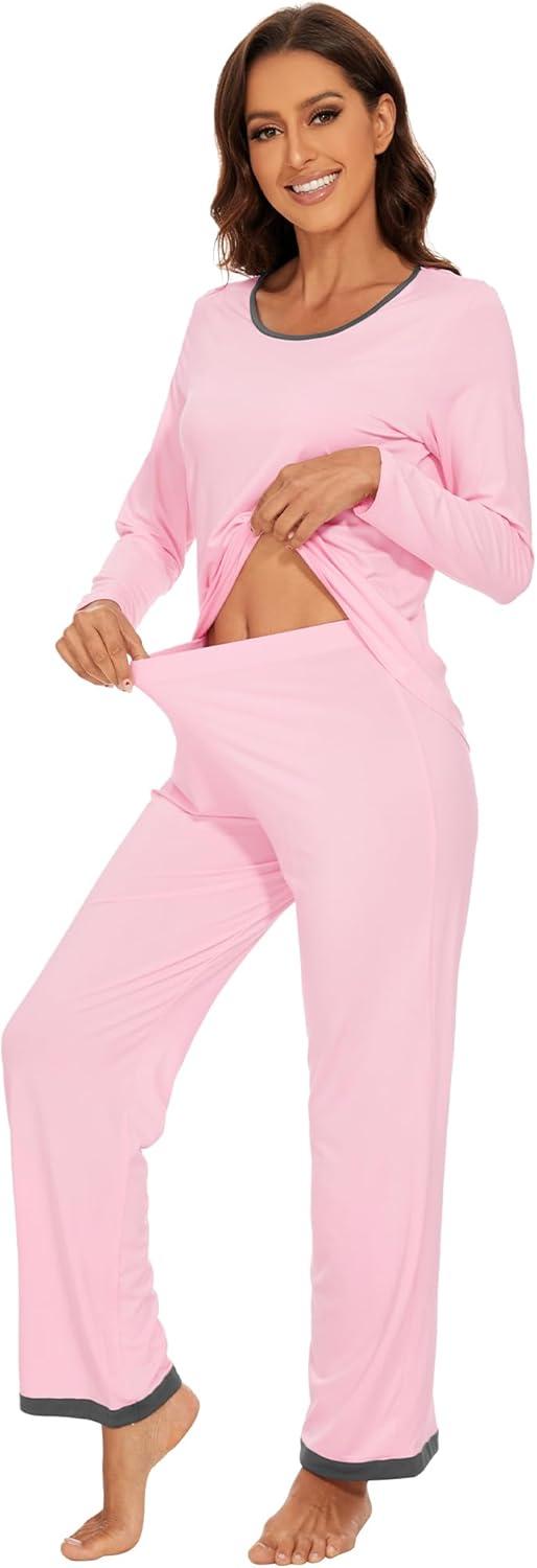 imageWiWi Womens Viscose from Bamboo Pajama Sets Soft Long Sleeves Top with Pants Loose 2 Pieces Loungewear Set SXXLBpink
