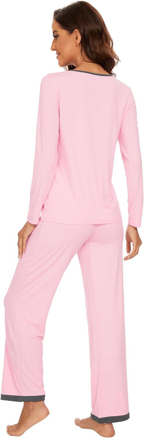 imageWiWi Womens Viscose from Bamboo Pajama Sets Soft Long Sleeves Top with Pants Loose 2 Pieces Loungewear Set SXXLBpink
