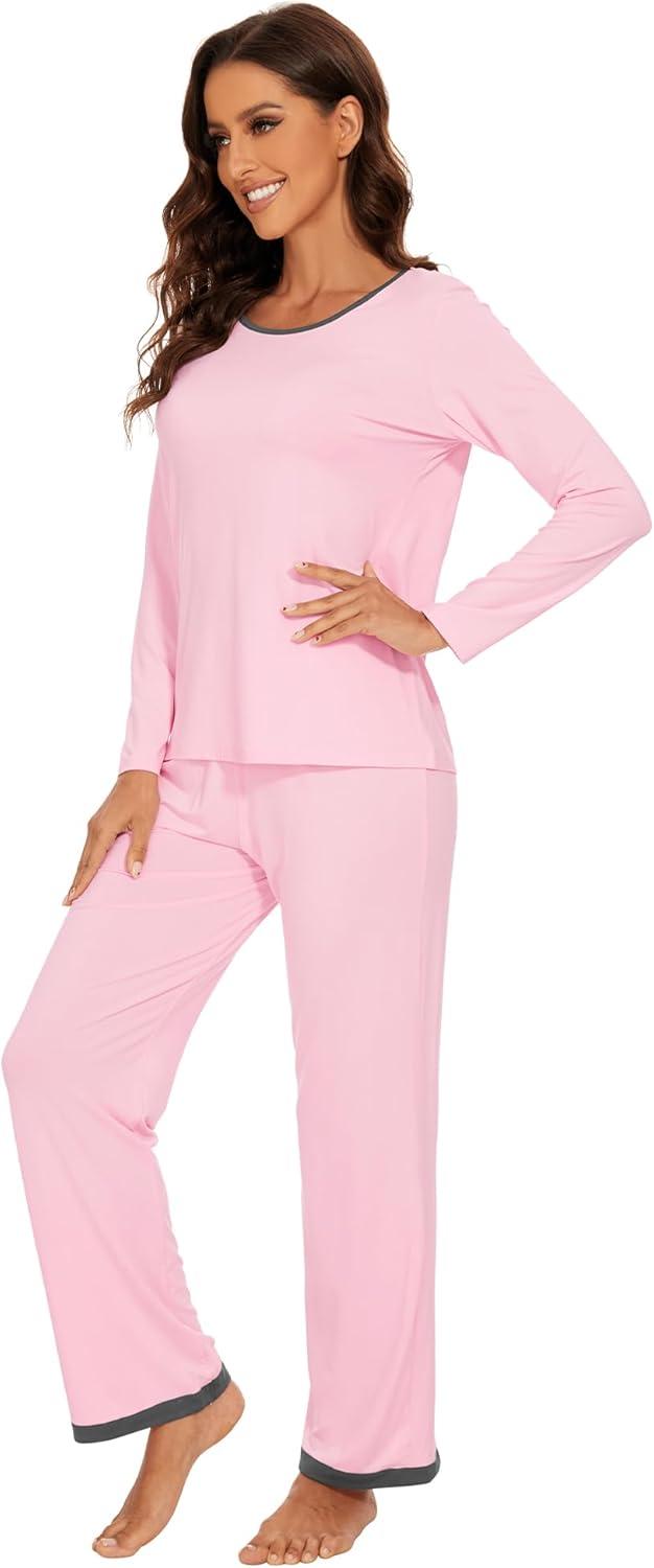 imageWiWi Womens Viscose from Bamboo Pajama Sets Soft Long Sleeves Top with Pants Loose 2 Pieces Loungewear Set SXXLBpink