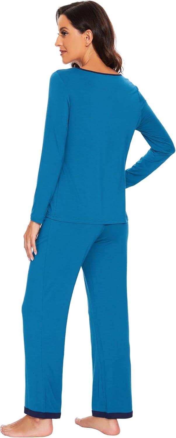 imageWiWi Womens Viscose from Bamboo Pajama Sets Soft Long Sleeves Top with Pants Loose 2 Pieces Loungewear Set SXXLBteal Blue