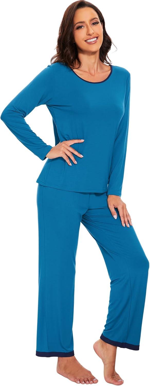 imageWiWi Womens Viscose from Bamboo Pajama Sets Soft Long Sleeves Top with Pants Loose 2 Pieces Loungewear Set SXXLBteal Blue