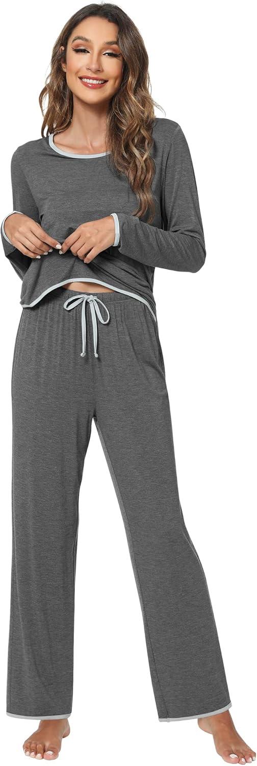 imageWiWi Womens Viscose from Bamboo Pajamas Set Soft Long Sleeve Tops and Pants Sleepwear Lightweight Pj Loungewear SXXLA Heather Grey