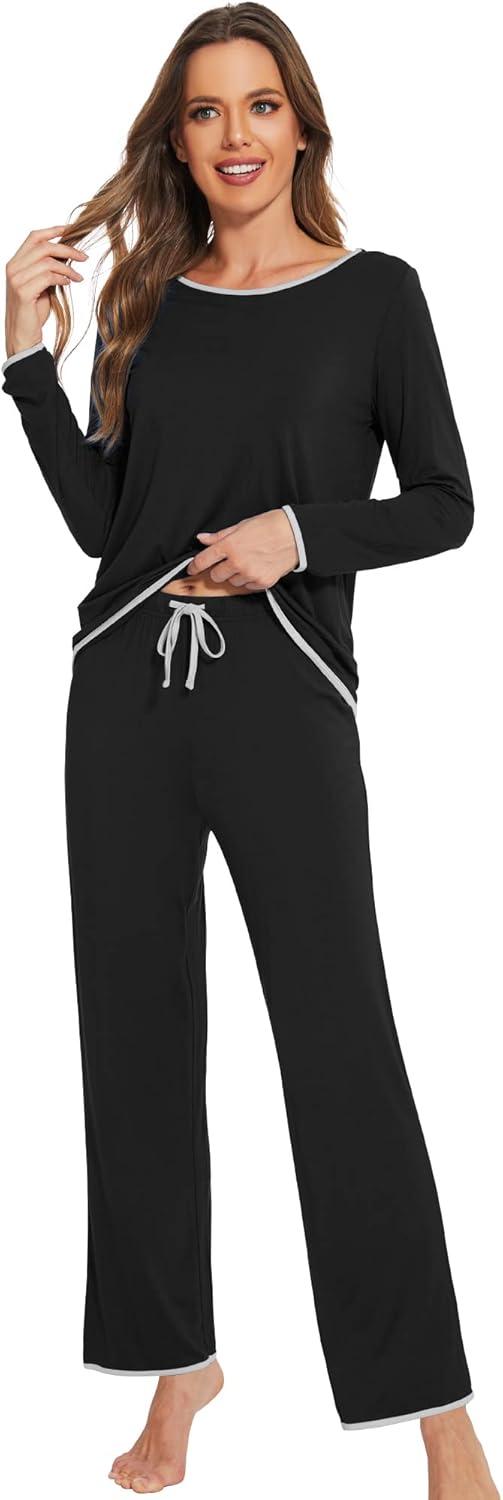 imageWiWi Womens Viscose from Bamboo Pajamas Set Soft Long Sleeve Tops and Pants Sleepwear Lightweight Pj Loungewear SXXLAblack