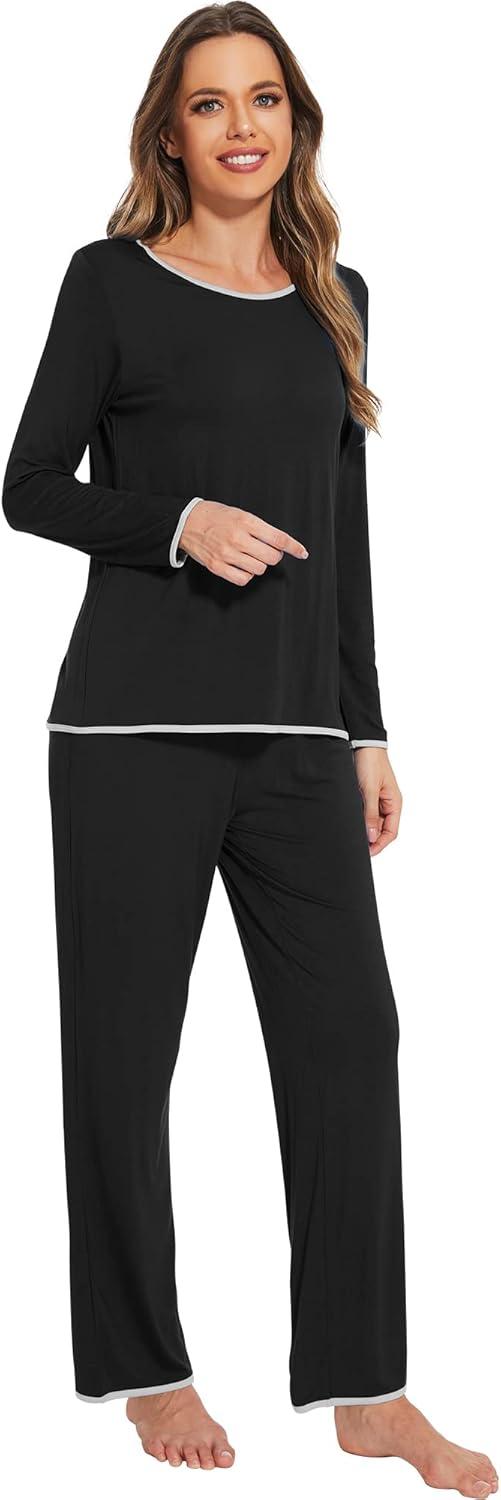 imageWiWi Womens Viscose from Bamboo Pajamas Set Soft Long Sleeve Tops and Pants Sleepwear Lightweight Pj Loungewear SXXLAblack
