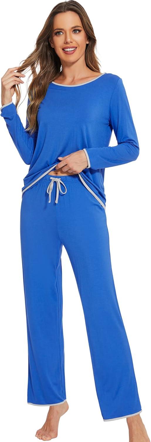 imageWiWi Womens Viscose from Bamboo Pajamas Set Soft Long Sleeve Tops and Pants Sleepwear Lightweight Pj Loungewear SXXLAbright Blue