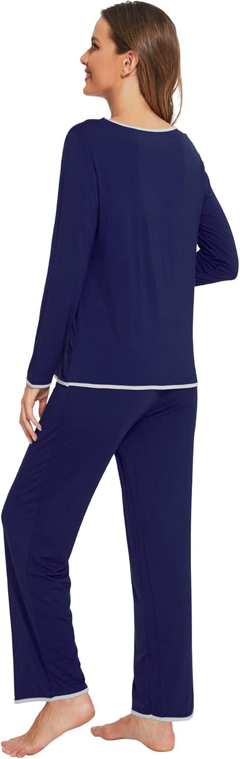 imageWiWi Womens Viscose from Bamboo Pajamas Set Soft Long Sleeve Tops and Pants Sleepwear Lightweight Pj Loungewear SXXLAnavy
