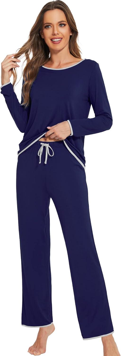 imageWiWi Womens Viscose from Bamboo Pajamas Set Soft Long Sleeve Tops and Pants Sleepwear Lightweight Pj Loungewear SXXLAnavy