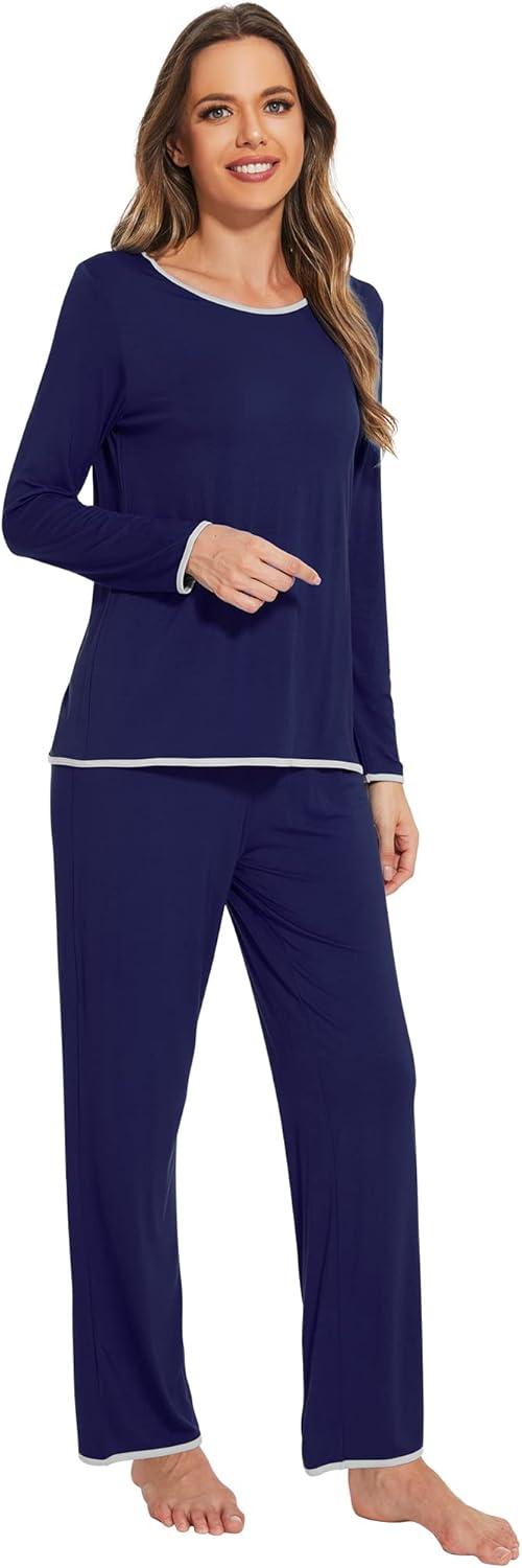 imageWiWi Womens Viscose from Bamboo Pajamas Set Soft Long Sleeve Tops and Pants Sleepwear Lightweight Pj Loungewear SXXLAnavy