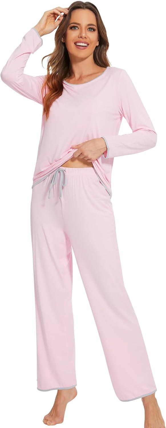 imageWiWi Womens Viscose from Bamboo Pajamas Set Soft Long Sleeve Tops and Pants Sleepwear Lightweight Pj Loungewear SXXLApink