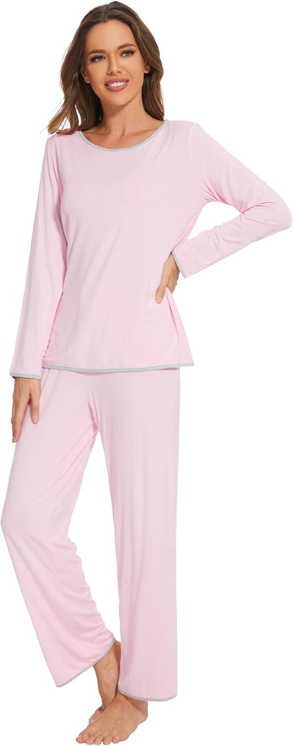 imageWiWi Womens Viscose from Bamboo Pajamas Set Soft Long Sleeve Tops and Pants Sleepwear Lightweight Pj Loungewear SXXLApink