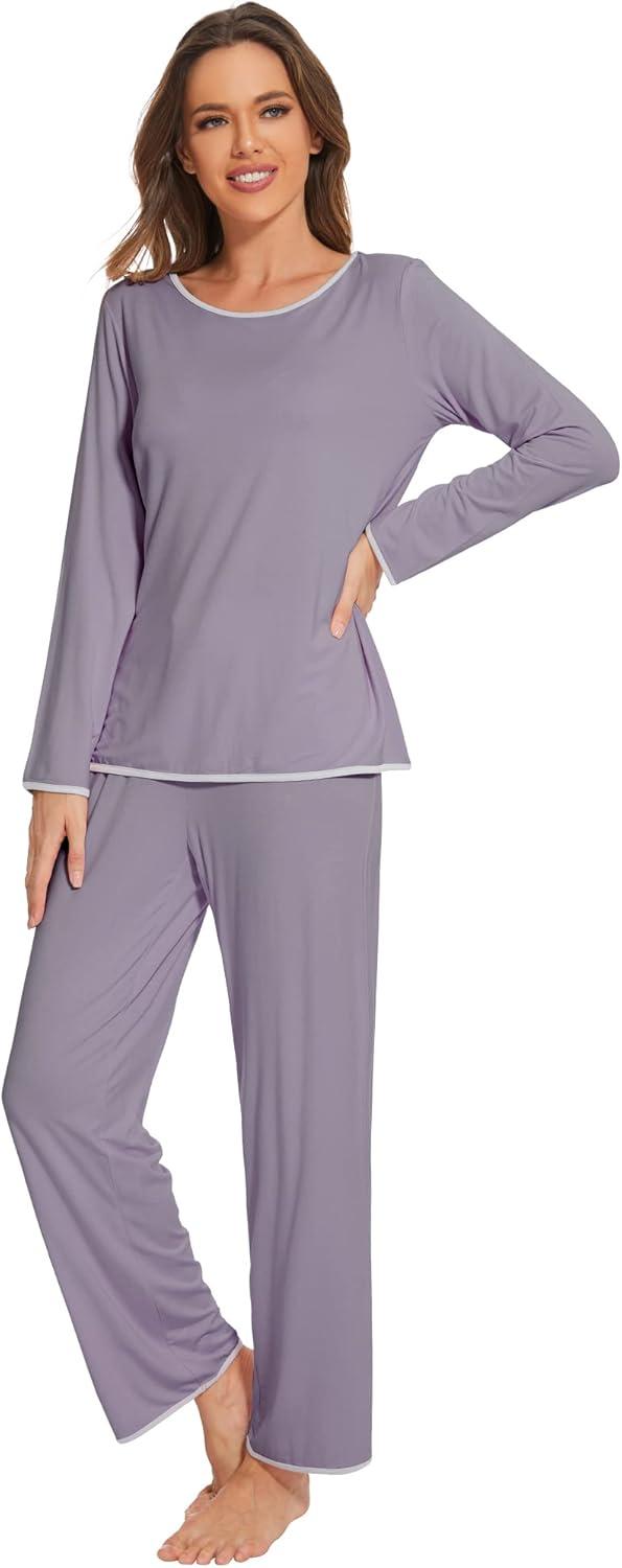 imageWiWi Womens Viscose from Bamboo Pajamas Set Soft Long Sleeve Tops and Pants Sleepwear Lightweight Pj Loungewear SXXLAviolet