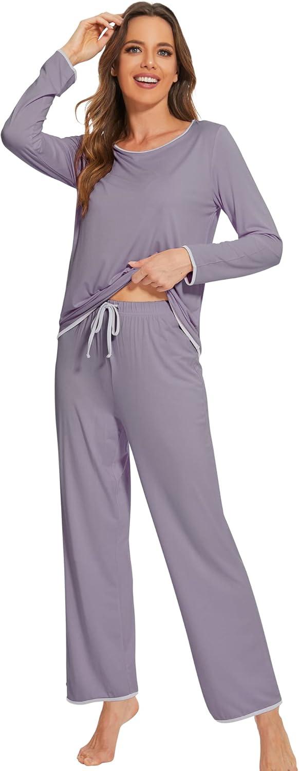 imageWiWi Womens Viscose from Bamboo Pajamas Set Soft Long Sleeve Tops and Pants Sleepwear Lightweight Pj Loungewear SXXLAviolet