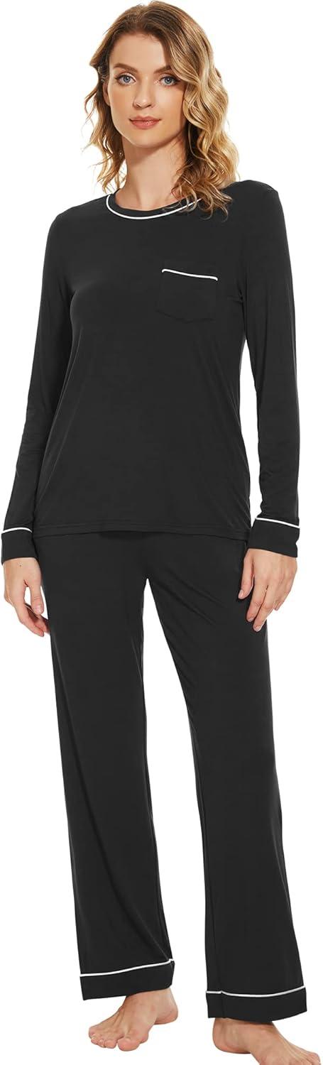 imageWiWi Womens Viscose from Bamboo Pajamas Set Soft Long Sleeve Tops and Pants Sleepwear Lightweight Pj Loungewear SXXLBblack
