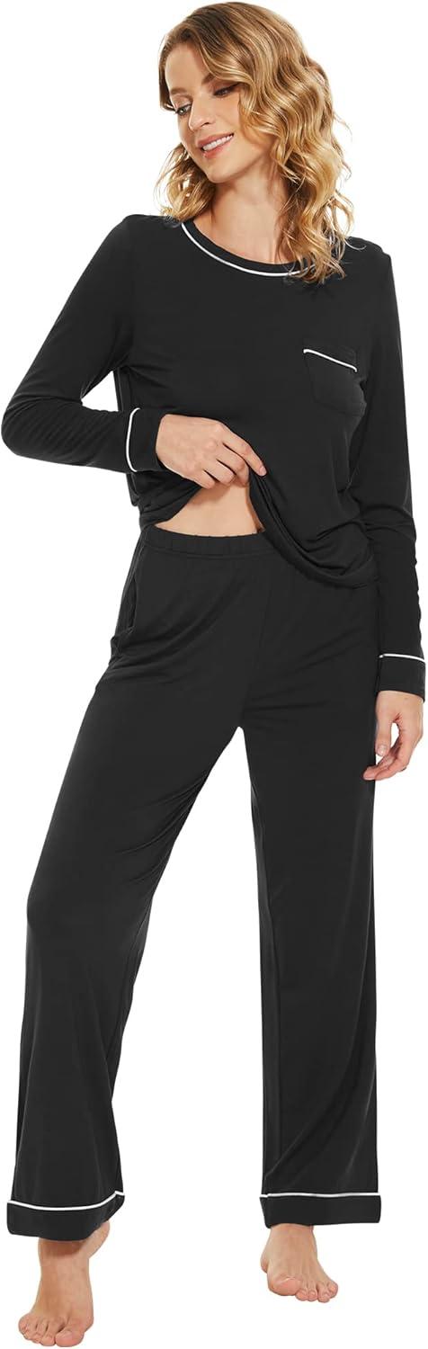 imageWiWi Womens Viscose from Bamboo Pajamas Set Soft Long Sleeve Tops and Pants Sleepwear Lightweight Pj Loungewear SXXLBblack