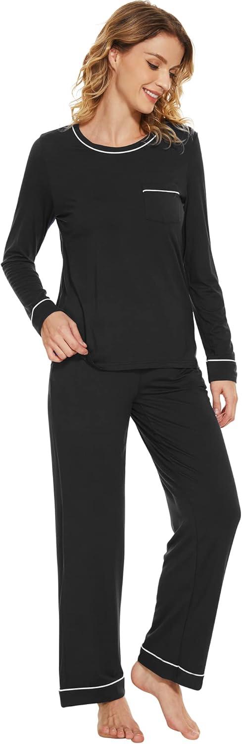 imageWiWi Womens Viscose from Bamboo Pajamas Set Soft Long Sleeve Tops and Pants Sleepwear Lightweight Pj Loungewear SXXLBblack