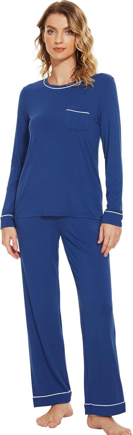 imageWiWi Womens Viscose from Bamboo Pajamas Set Soft Long Sleeve Tops and Pants Sleepwear Lightweight Pj Loungewear SXXLBblue Depth